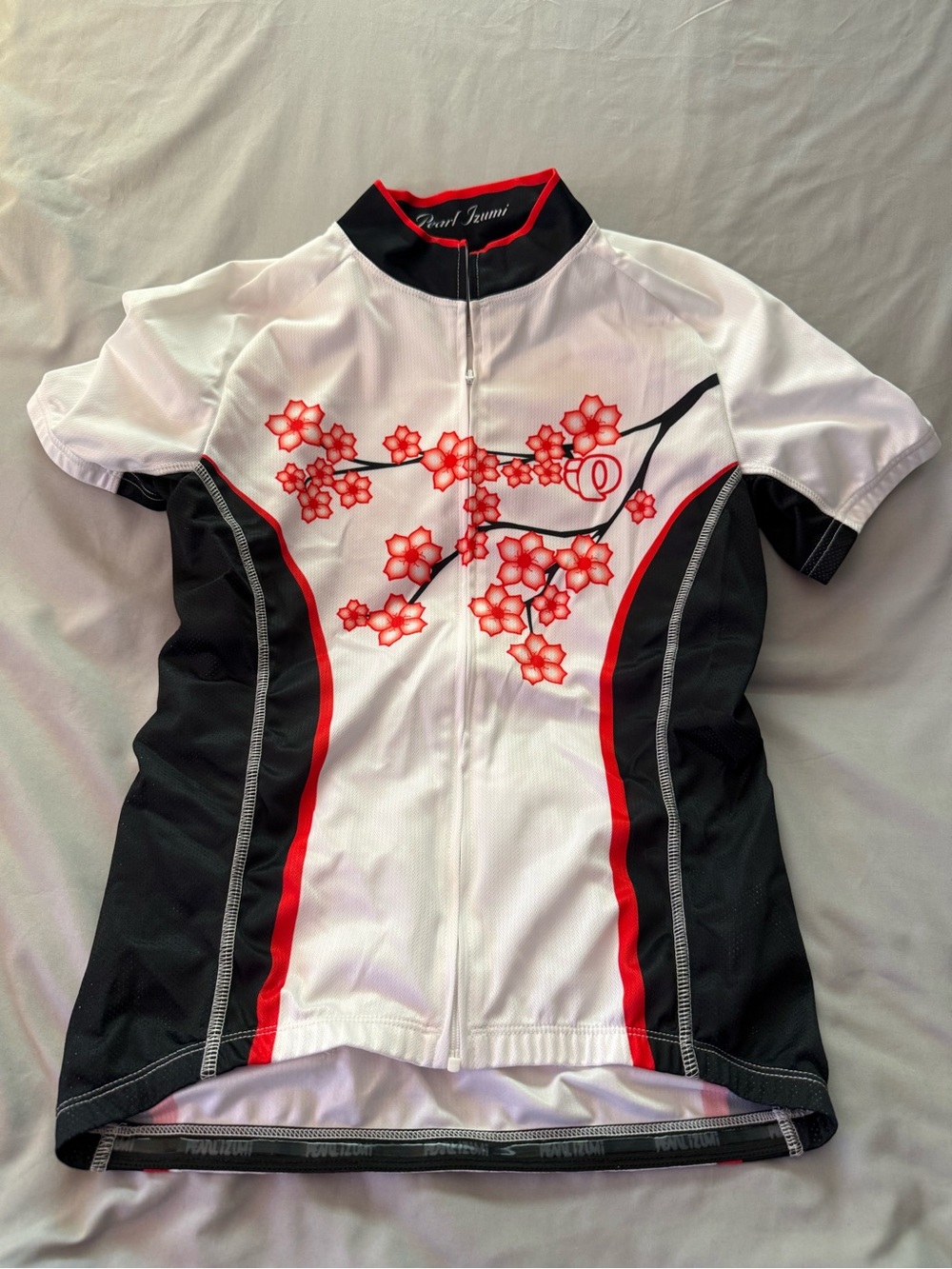Pearl Izumi Womens White Black Cycling Jersey with Red Cherry Blossoms Sz M